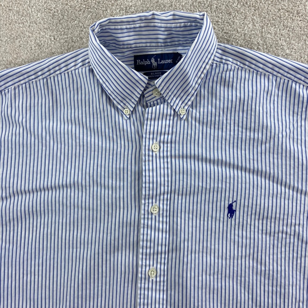 Ralph Lauren Button Down Shirt Mens M Blue White Striped Blake Short Sleeve